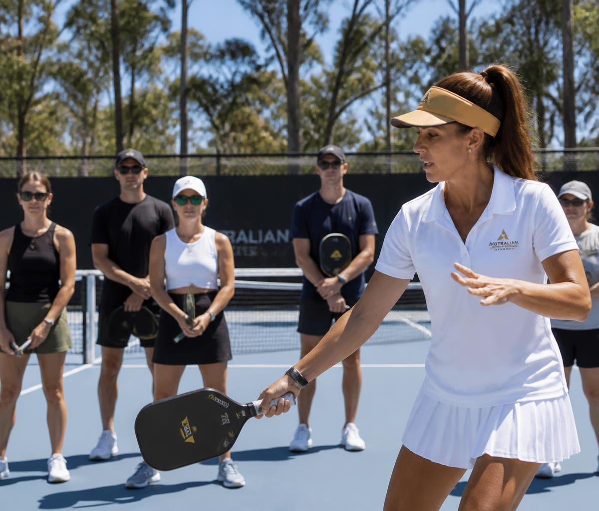 Coach running a group pickleball clinic on a sunny court