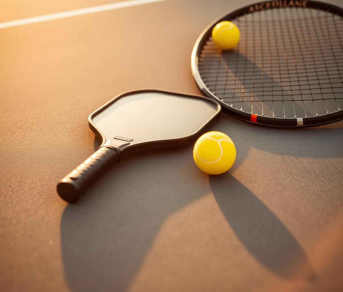 Pickleball paddle, ball and tennis racquet on court